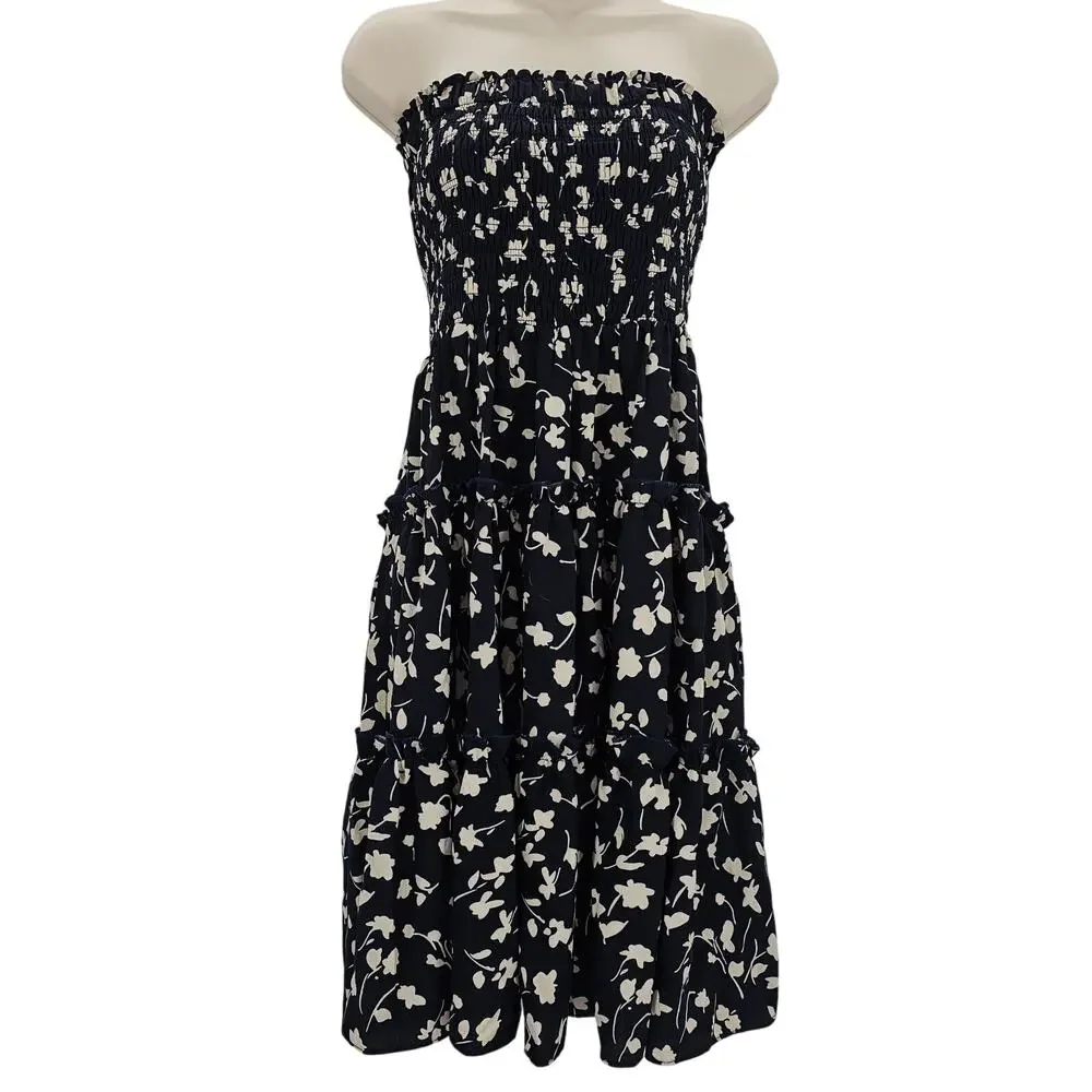 Lulu's Womans size XS Strapless Smocked Floral Tiered Mini Dress Navy Blue/Tan